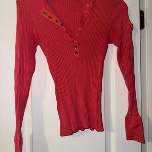 Cache Red Ribbed Button Down Polo Top